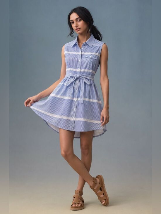 The Impeccable Pig Dresses & Skirts - The Impeccable Pig Button-Down Sleeveless Dress - Blue & White - M